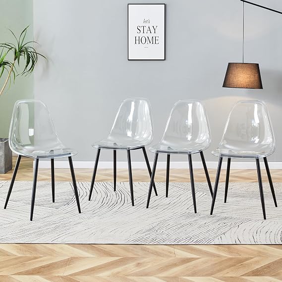 Clear Acrylic Dining Chairs Set of 4, Modern Kitchen Chairs with Transparent Seat, Modern Accent Side Chairs with Black Plating Metal Legs for Dining Room, Living Room sillas de comedor modernas 4
