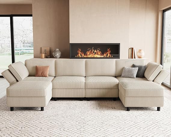 114.2" Modular Sectional Sofa with Deep Storage Seat,U Shaped Sectional Sofa Couch Convertible 6 Seater Corduroy Couch with Movable Ottoman,Upholstered Sectional Couches for Living Room,Beige