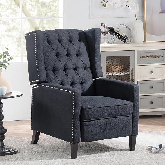Wing Back Recliner Chair for Living Room, Push Back Reclining Chairs Club Accent Chair Lounge Armchair, Comfy Fabric Arm Chair with Rivet Decoration, Tufted Back, Solid Wood Legs, Black