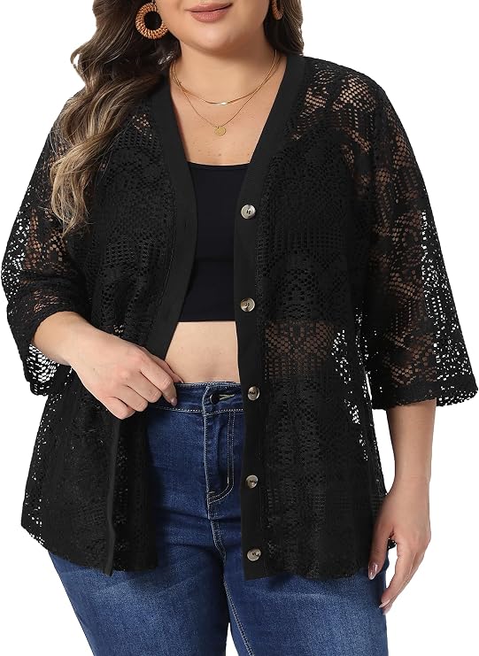 Agnes Orinda Women Plus Size 3/4 Sleeve Crochet Hollow Out Knit Cardigan