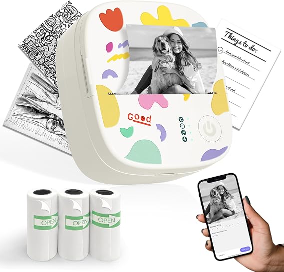 Mini Sticker Printer, AHM2 Sticker Maker Machine for Kids | Portable Bluetooth Print pods with 3 Rolls Paper, Mini Thermal Printer Suitable for Creative DIY, Photos, Study Notes -White