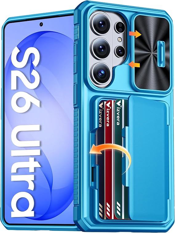 Vizvera for Samsung Galaxy S26 Ultra Case Wallet RFID [Cards Holder][Camera Cover][Edge Raised] Full Body Rugged Shockproof Silicone Phone Case for Galaxy S26 Ultra 6.9" 2026,Lake Blue