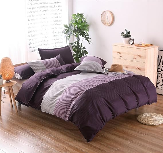 Stripe Colorblock Print 3 Pcs Duvet Cover Sets Soft Reversible Bedding Cover Brushed Microfiber Full Queen Size(King,Purple Stripe)