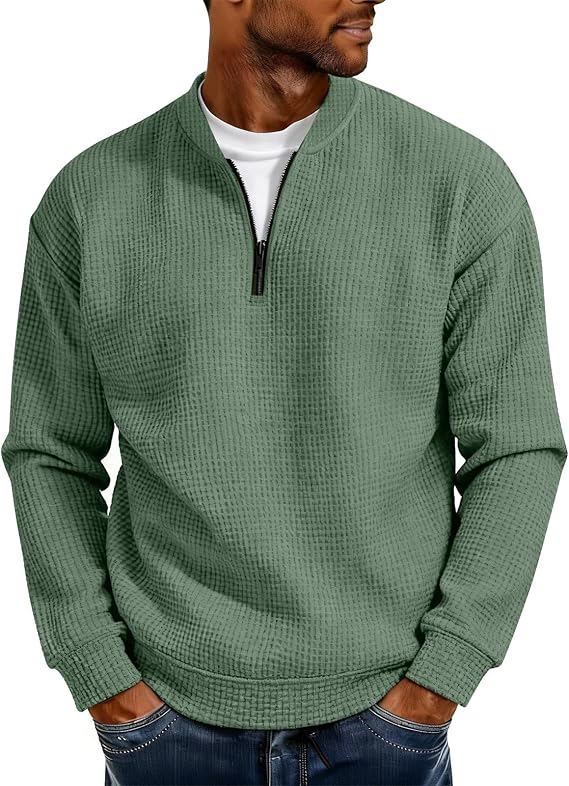 Men's Long Sleeve T-Shirts Waffle Textured Quarter Zip Pullovers Tops Cozy Loose Fashion Tees Casual Daily Wear