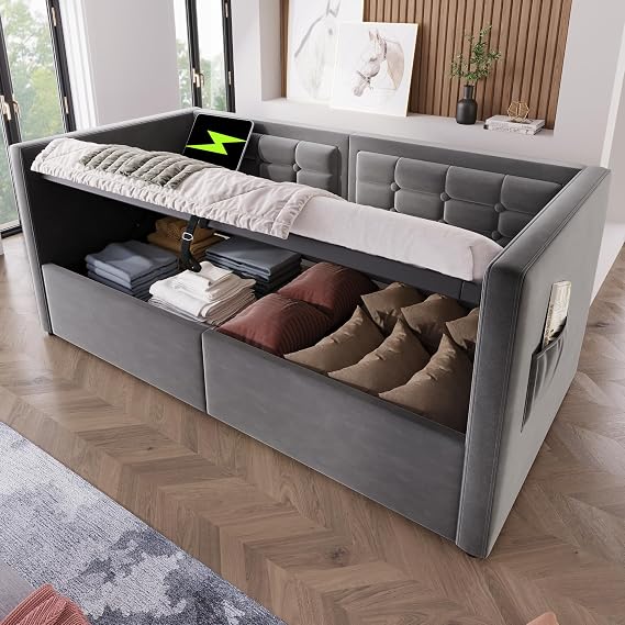 Daybed with Storage Twin Size, Velvet Upholstered Day Bed, Hydraulic Twin Daybed Frame with Pulling Rope & Charging Ports, No Box Spring Needed, Bedroom, Living Room, Guest Room, Gray