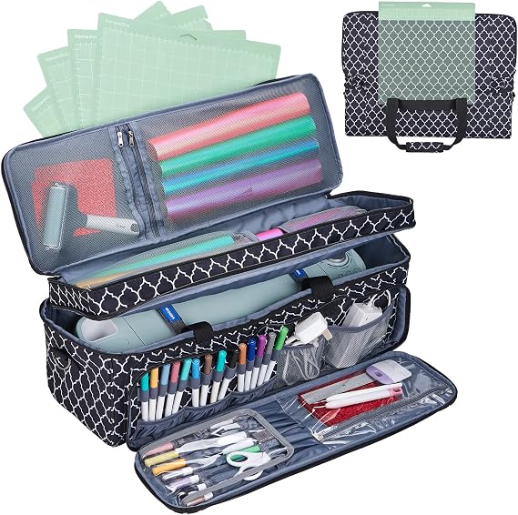 Double Layer Carrying Case with Mat Pocket for Cricut Maker 4, Explore 4, Multi Large Front Compartments for Tools, Accessories and Supplies, Lantern Black