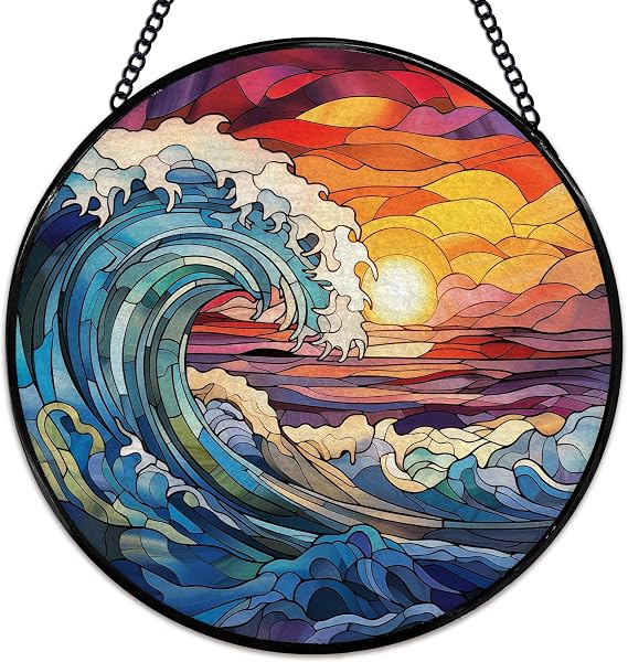 Coastal Beach Ocean Suncatcher Stained Glass Window Hanging, Ocean Waves Sunset Sunshine Sun Catchers Indoor Window Glass Wall Art Decor, Nautical Round Wall Hanging Decorations, 7.9x7.9 inch