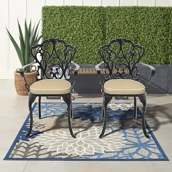 Cast Aluminum Outdoor Dining Chairs, Set of 2, Black Frame with Beige Cushions, Victorian Style
