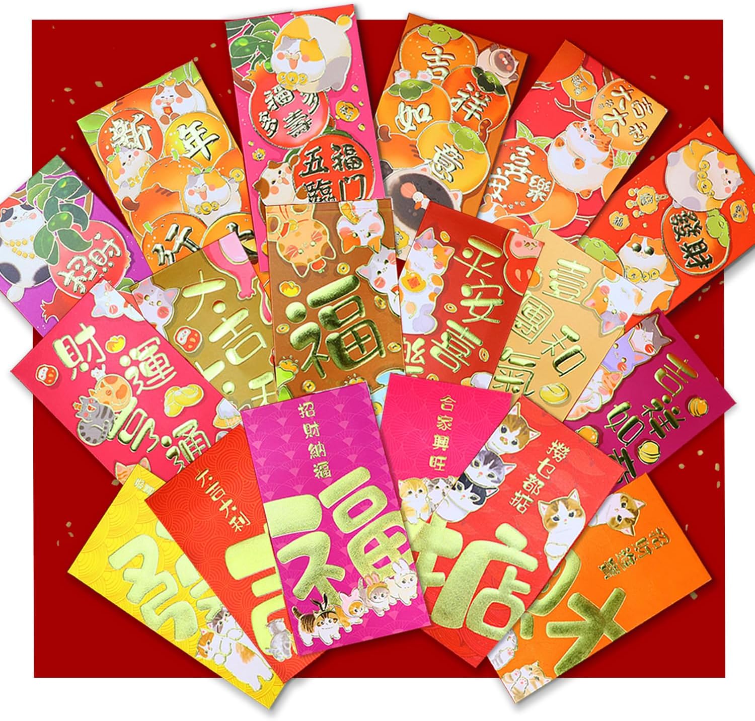 Chinese New Year Red Envelopes 18 New Cute Cat & Orange Designs Embossed Foil Stamping Hong Bao Spring Festival Lucky Money Pocket for Party Wedding Happy Chinese Year Year
