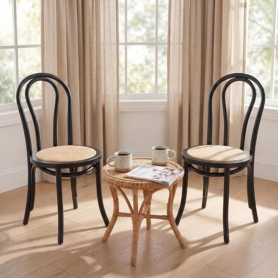 Kmax Vintage Dining Chairs Set of 2, Thonet Soild Wood Rattan Dining Room Chairs Armless French Country Kitchen Chairs for Wedding Hotel Dessert Shop Cafe, Black