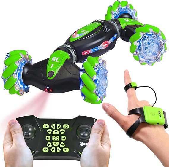 Contixo SC1 Large 1:12 Gesture Control RC Stunt Car for Kids, 4WD Remote Control Car with Hand Motion Sensor, Double-Sided Driving, 360 Rotating Flips, LED Lights, All Terrain RC Car for Boys, Green