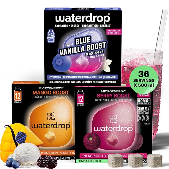 Waterdrop Microenergy Berry, Mango & Blue Vanilla Boost Mix 36 Hydration Cubes with Natural Caffeine (90 mg/serving) - Sugar-Free, Vegan, Vitamin-Enriched Cubes - Energy Flavored Water Enhancer