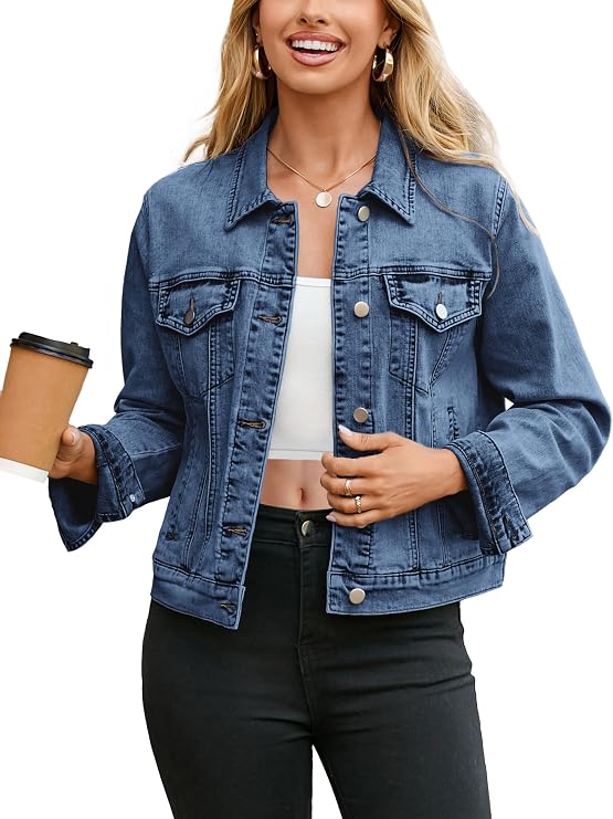 Glamaker Womens Jean Jacket 2026 Basic Trendy Long Sleeve Denim Jackets Button Down Fitted Western Coat with Pockets