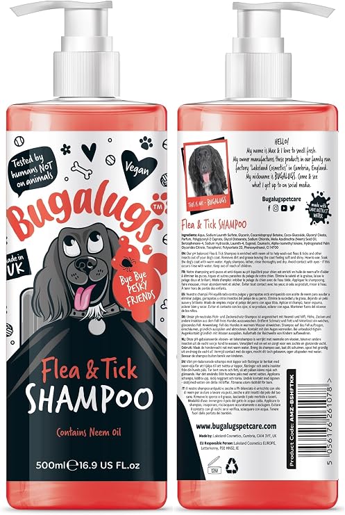 Flea and Tick Dog Shampoo by Bugalugs, Works on Smelly Puppies & Dogs, Contains Neem Oil PH Balanced Vegan Used by Professional Groom