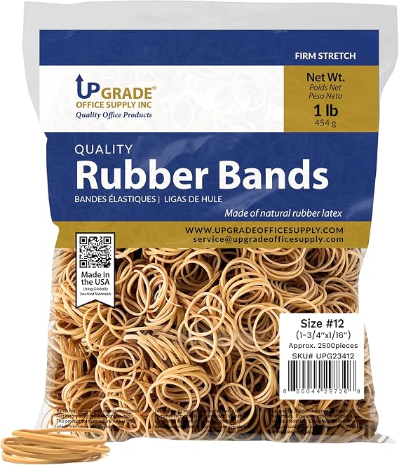 Upgrade Office Supply Rubber Bands, Size #12 (1-3/4 x 1/16 Inch), Approx. 2,500 Count, 1 lb Bag, Made in USA