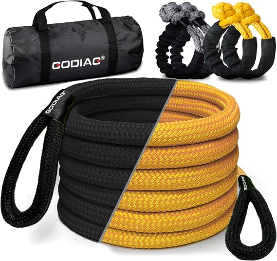 GODIAG Kinetic Recovery Tow Rope 1"30ft (Black),Kinetic Recovery Tow Rope 1"20ft (Yellow),4 Soft Shackles