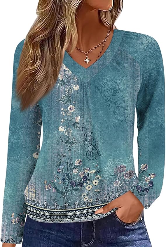Fall Fashion for Women 2025 V Neck Long Sleeve Shirts Banded Bottom Pleated Tops Dressy Casual Blouses
