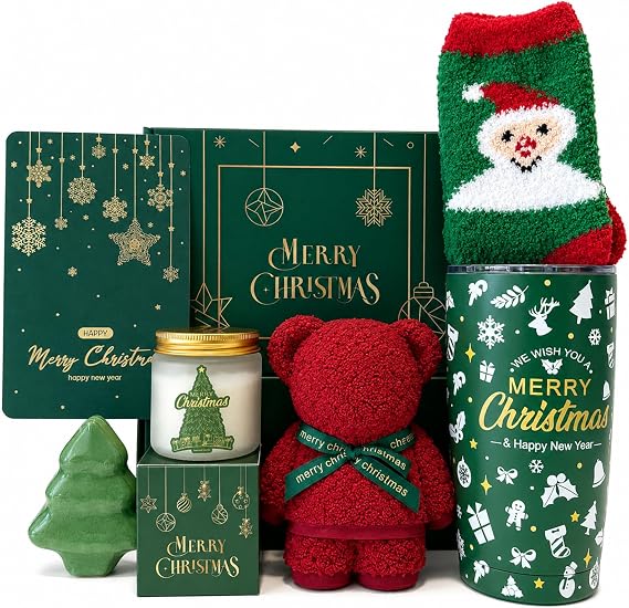JOYOFUN Christmas Gift Basket for Women Men Merry Ideas Box xmas Presents xmas Gift Relaxing Bath Scented Candles Insulated Tumbler Set