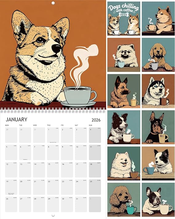 2026 Dog Calendar - Pleasant Doggo Monthly Wall Calendar 2026, Funny Gift for Dog Lovers, Coffee Puppies Art Hanging Calendar 12" x 24" Opened, Full Page Thick Paper, Jan.2026 - Dec.2026 with Holidays