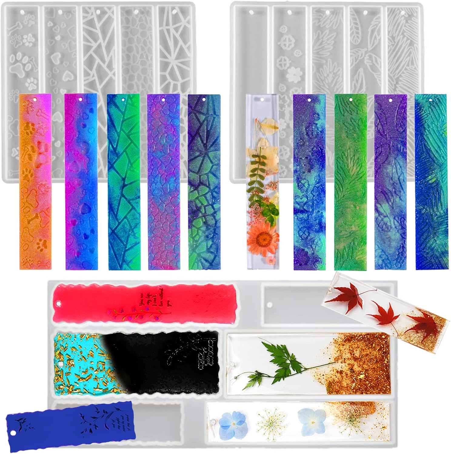 3 Set of Bookmark Resin Molds Silicone Resin Mold Kit Rectangle Irregular Shaped Bookmark Mould Leaves Geometric Texture Epoxy Resin Casting Mold Unique Keychain Pendant Mold DIY Decor Crafts