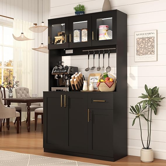 Tall Kitchen Pantry Cabinet with Hutch: Food Pantry Storage Cabinet with Drawers, Black Kitchen Cupboard Cabinets Free Standing, Buffet Hutch Cabinets with Doors and Shelves (Black)