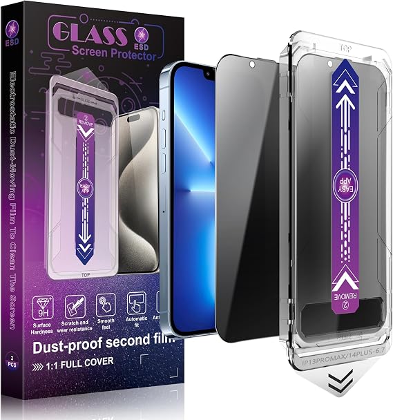 プライバシースクリーンプロテクター iPhone 13 Pro Max/iPhon 14 Plus 6.7インチ用 自動ほこり除去 気泡なし 覗き見防止強化ガラスフィルム 取り付け簡単