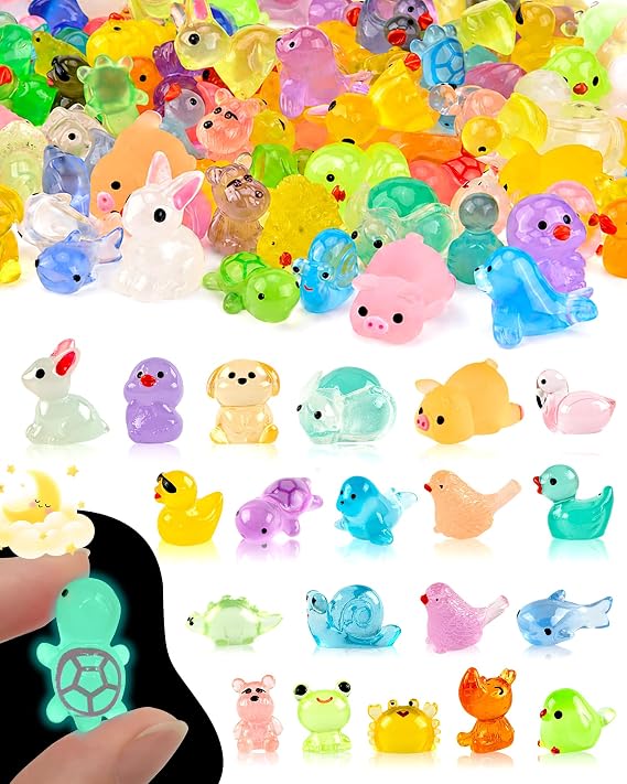 FEXIA 100 Pcs Luminous Mini Resin Animals 20 Types Glow in the Dark Tiny Figurines Bulk Set for DIY Garden Aquarium Micro Landscape and Party Decoration Desk Pets and Miniature Accessories