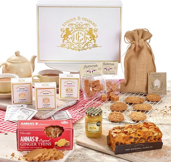 Edmond & Charles Luxury Afternoon Tea Hamper for 2 | Gift Box with Teas, Clotted Cream Fudge, Lemon Curd, Gourmet Biscuits & Fruit Cake | Birthday Hampers Presents for Men & Women