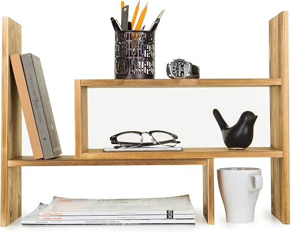 MyGift Adjustable Dark Brown Solid Wood Desktop Storage Organizer Display Shelf Book Rack, Home Office Desk Decor Bookshelf