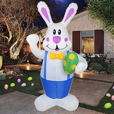 Dearsun 6.2FT H Adorable Easter Blue Bunny Holding Easter Egg Inflatable Yard Decorations Giant Bunny with LED Lights for Holiday Party Indoor Outdoor Decor
