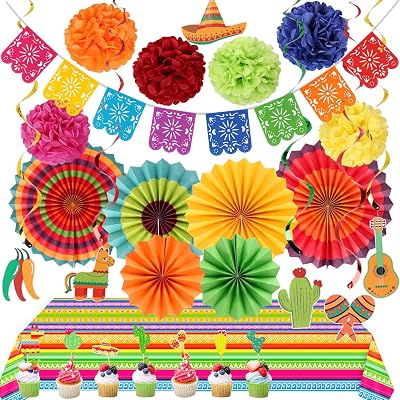 Mexican Party Decorations Fiesta Themed - Cinco De Mayo Party Supplies Decor for Birthday Wedding Baby Shower - Paper Fans Pom PomsPapel Picado BannerDisposable Table CoverCupcake Topper