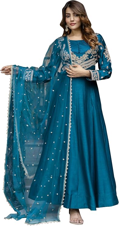 TRENDMALLS Women's Art Silk Embroidery Work Anarkali Kurta Pant with Dupatta