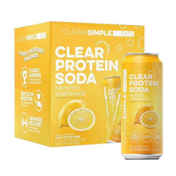 Clean Simple Eats Clear Protein Soda, Frosted Lemonade, 4 Pack