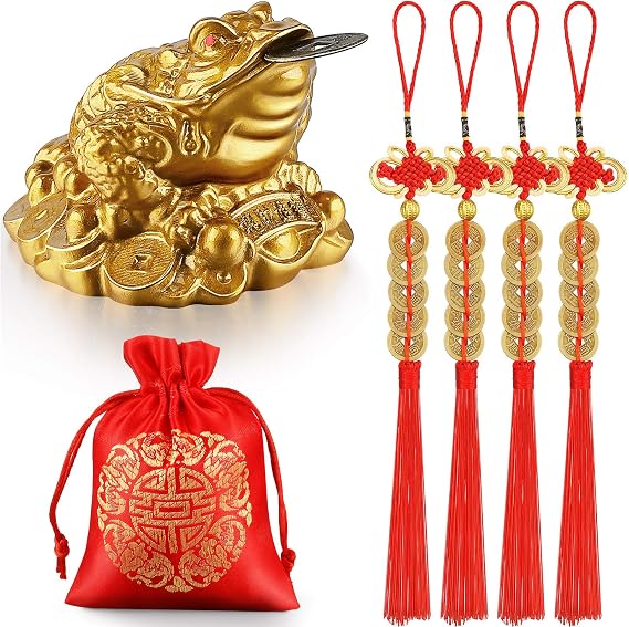 Chuangdi Feng Shui Money Frog with Chinese Coins, Money Toad Decorations, Lucky Knots Red Blessing Bag Gold Three Legged Toad Decoration for Attracting Wealth Success Chinese New Year Gifts