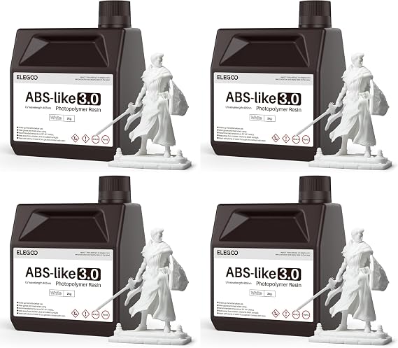 ELEGOO ABS LIKE 3D Printer Resin 3.0 White, Enhanced Strength and Toughness High Precision Low Viscosity 405nm UV Cured Photo Polymer Resin LCD 2000g x4