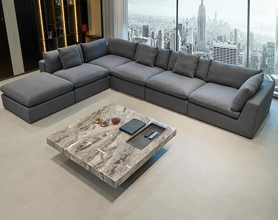 Oversized Cloud Couch Sectional, Deep Seat Modular Sectional Sofa,Modern Sectional Couches for Living Room Apartment(156 inch 6 Seater-Dark Black Linen)