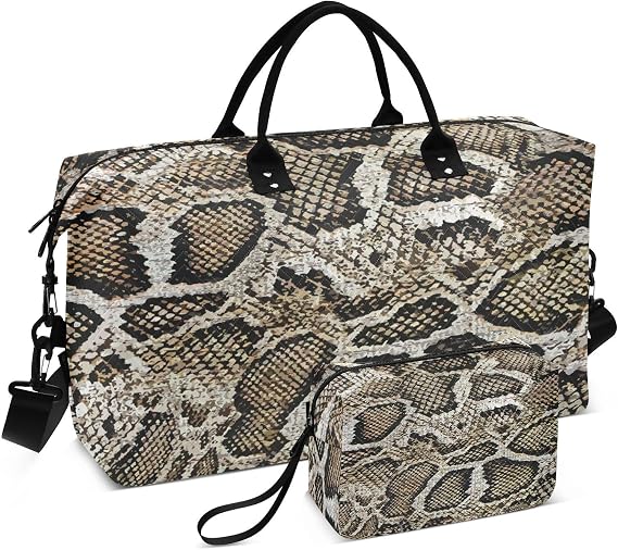 Aflyko Animal Print Travel Duffel Bag Snakeskin Dark Brown Sport Tote Gym Bag Weekender Overnight Bag for Men Women Flight Approved Carry On Bag Fitness Dance Go-To Bag Daily Bag