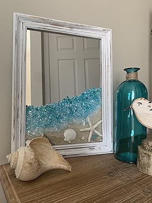 Sea Glass Beach Scene on a Mirror Wall Art - Beach Wall Art with Wooden Frame - Framed Wall Art for Wall Hanging or Tabletop Display - Sea Glass Art for Room Decor and Bathroom Decor