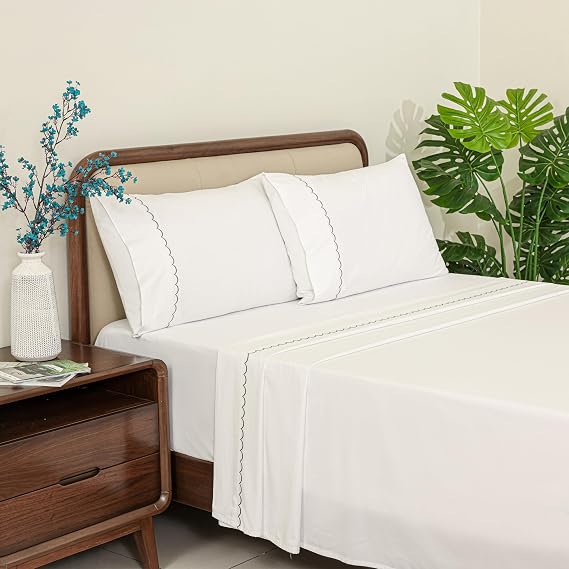Dreamology Cotton Sheets, 100% Cotton Sateen Embroidered Queen Sheets Set | Soft & Wrinkle-Resistant,Cotton Sheet Sets,16" Deep Pocket,4-Piece Includes 1 Fitted Sheet,1 Flat Sheet & 2 Pillowcases