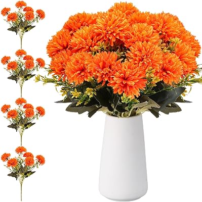 24 Heads Artificial Chrysanthemums Flowers Bouquets Silk Chrysanthemum Ball Fake Mum Artificial Mums for Outdoors Faux Silk Ball Flower for Home Table Centerpieces Decor Orange