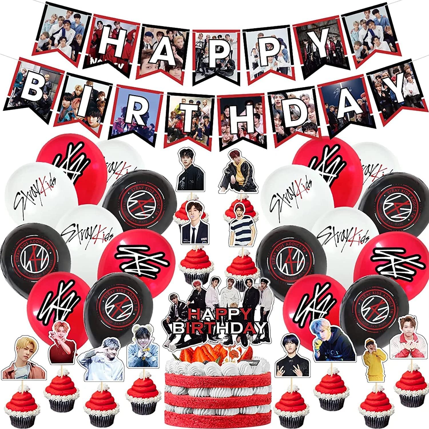 STRAY-KIDS Birthday Party Supplies,STRAY-KIDS Birthday Decorations Gift Set - STRAY-KIDS Banner,18PCS Balloons,Cake Toppers,21PCS Cupcake Toppers Perfect for Boys and GirlsPink
