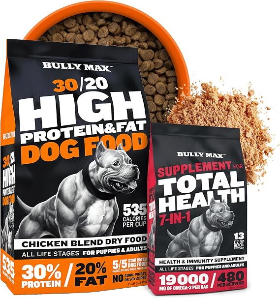 Bully Max Total Health & Performance Bundle 7-in-1 Total Health Multivitamin Powder + 30/20 High Protein 15lb. Premium Dog Food for All Breeds & Ages Nutrition, Muscle Growth & Vitality