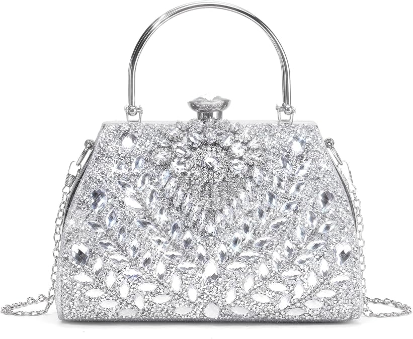 RNIEGA Rhinestone Clutch Purses for Women Large Capacity Evening Bag with Detachable Chain for Wedding, Prom, Parties