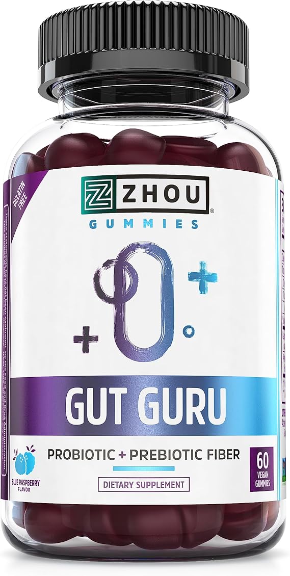 Zhou Gut Guru - Gut Health Gummies for Men and Women, Prebiotic and Probiotic Fiber Supplement for Digestion and Gut Health Support, Gluten Free, Non-GMO - 60 Vegan Gummies