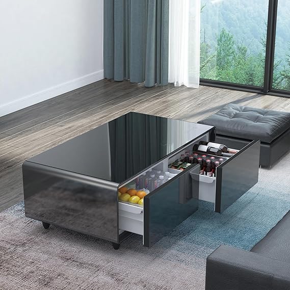 51in Smart Coffee Table with Built in Fridge, Living Room Table Bluetooth Sound and Wireless Charging, Type-C & USB Interface, Temperature Control, Modern Center Table with LED