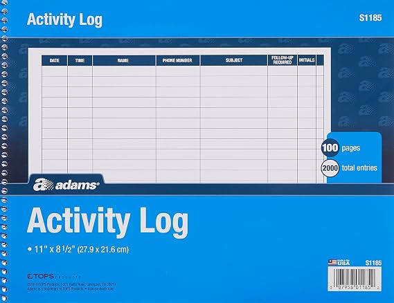 Adams Activity Log Book, Spiral Bound, 8.5 x 11 Inches, 100 Pages, White (S1185ABF)
