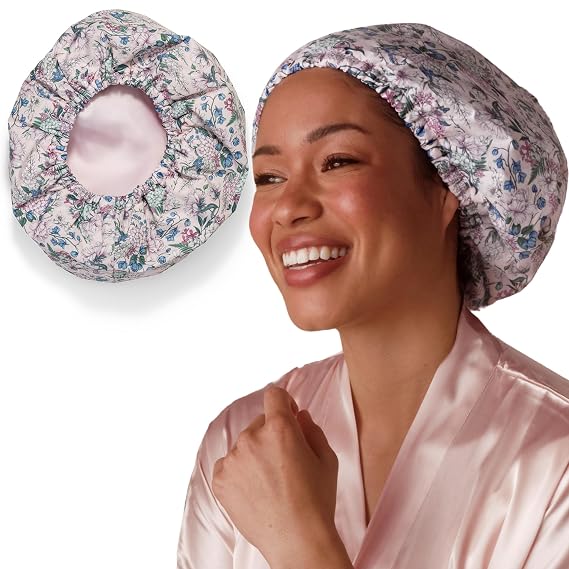 Bridgerton x Kitsch Luxury Satin-Lined Flexi Shower Cap for Women, Wisteria