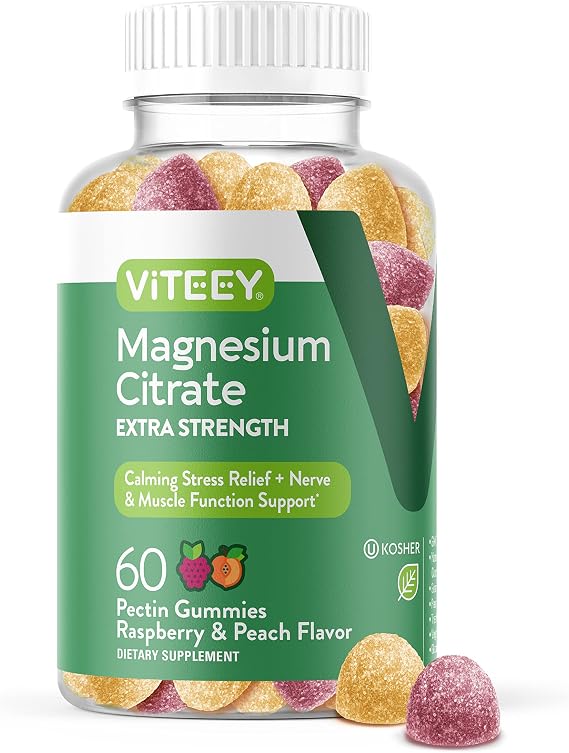 Viteey Magnesium Gummies for Adults - 170mg of Magnesium Citrate Gummy | for Calm, Sleep, Nerve & Muscle Function Support - Vegan, Gluten Free - 60 Count