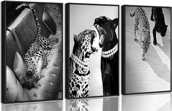 3 Pcs Framed Black and White Cheetah Canvas Wall Art (24Lx16W)