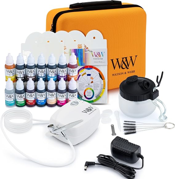 Watson & Webb Maker Selection - 29pcs Cake Airbrush Decorating Kit - Inc Professional Mains Powered Spray Gun, 13 Matte Colors, Stencils, Case, Spraytidy, Tools - for Food, Cakes, Cookies & Baking